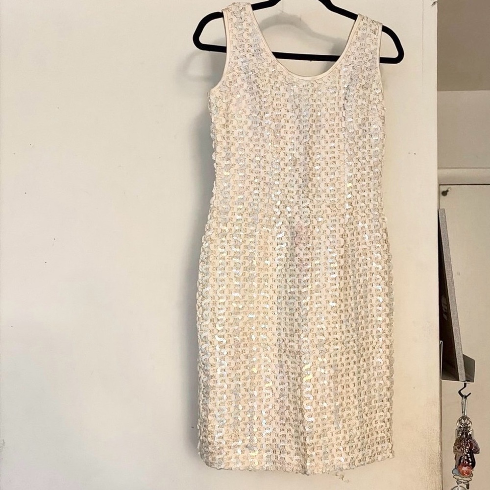 Vintage Sleeveless Ivory Sequin Sheath Dress